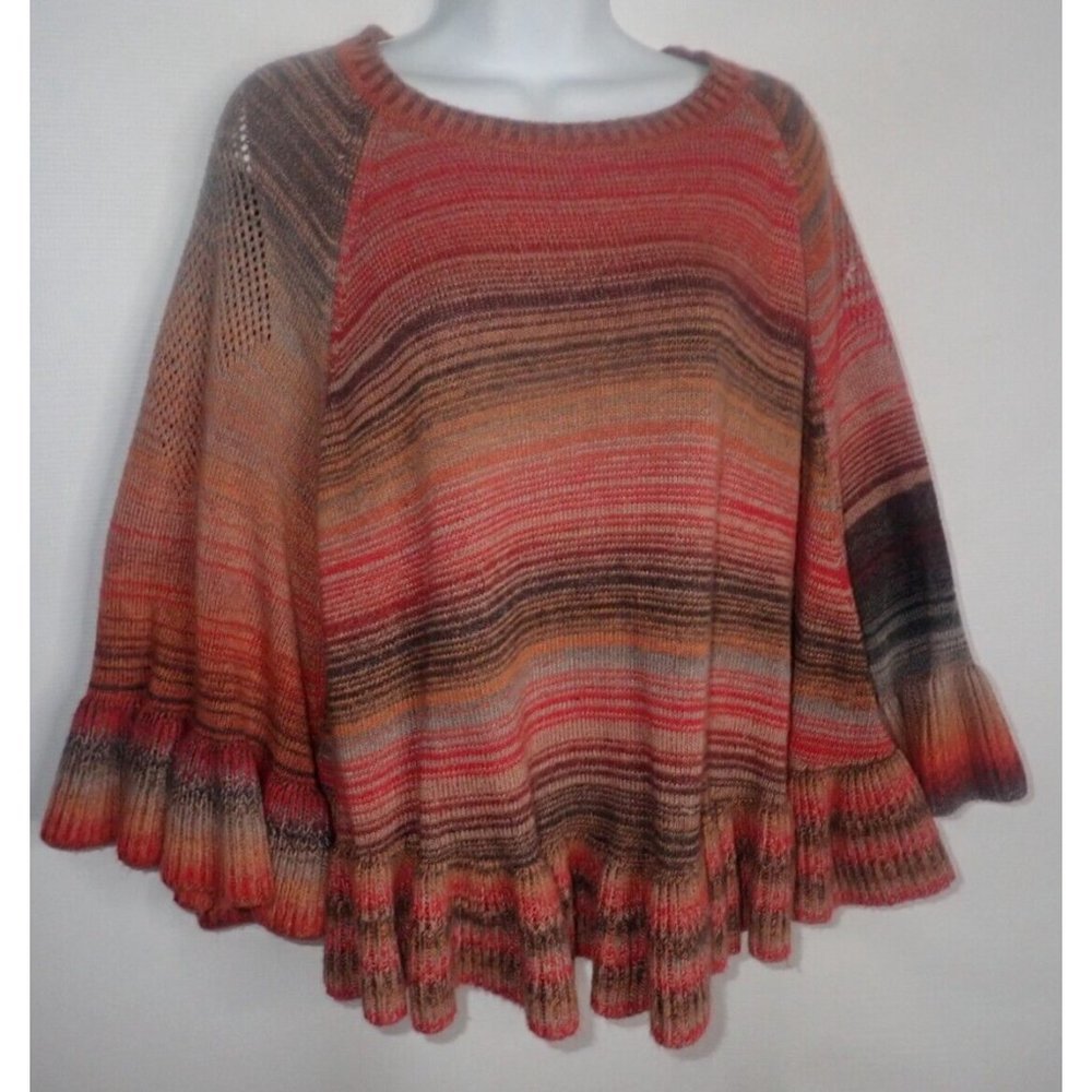Metric Womens‎ Sweater Poncho M/L Orange Red Gray Multi Long Sleeve Ruffle BOHO